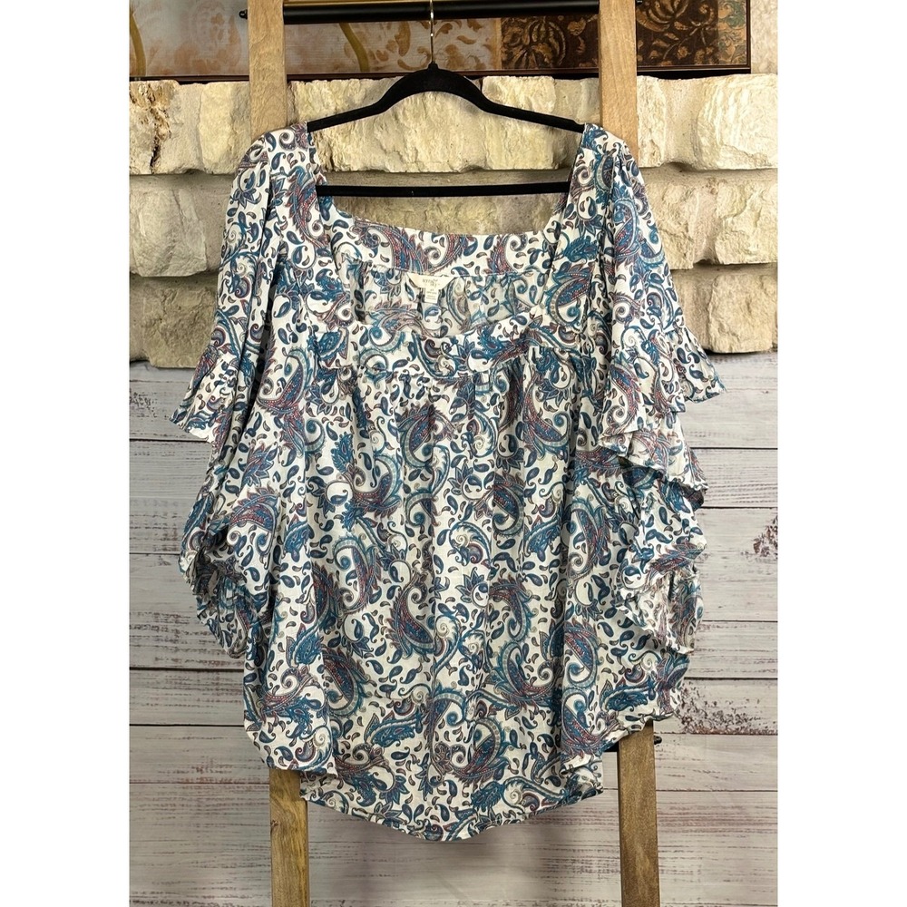 Terra & Sky Womens 4X Paisley Square Neck Ruffled Flutter Sleeve Blouse - Picture 2 of 7